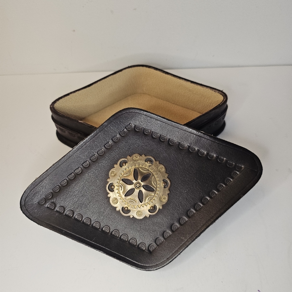Vintage tooled leather trinket lidded box diamond shaped Brass medallion